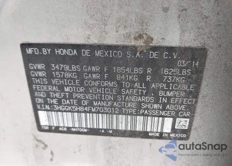 2015 Honda Fit Ex/Ex-L from USA, damaged, VIN 3HGGK5H84FM703012